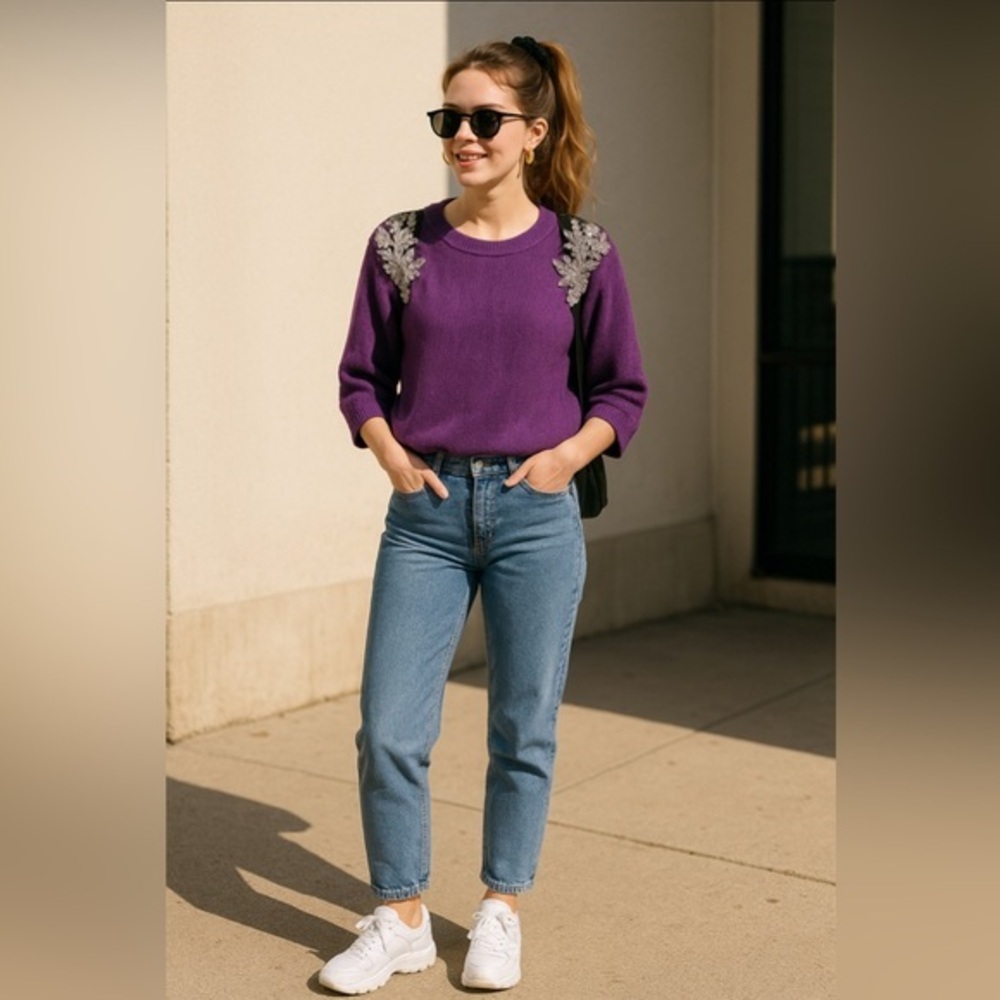 Cable & Gauge purple knit sweater adorned w/ epaulettes of embroidered sequins💜